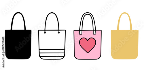 Tote bag illustration icon set, with outline and silhouette design, isolated on transparent background