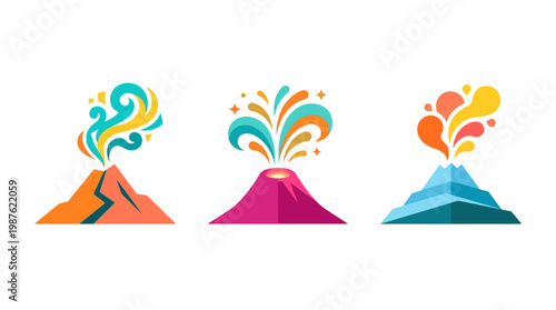 Colorful Volcano Eruptions Set on White Background