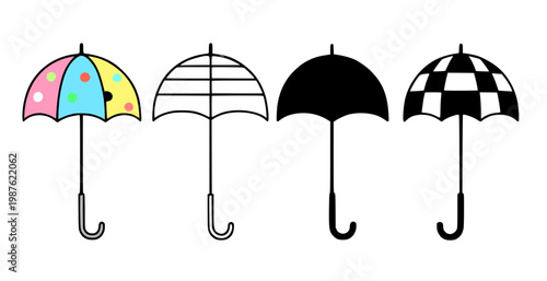 Umbrella illustration icon set, with outline and silhouette design, isolated on transparent background