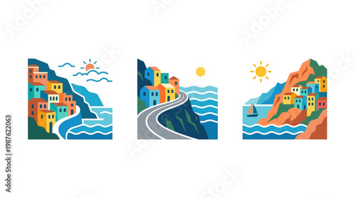 Coastal Village Scenes Set of Geometric Designs