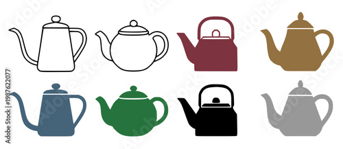 Teapot illustration icon set, with outline and silhouette design, isolated on transparent background