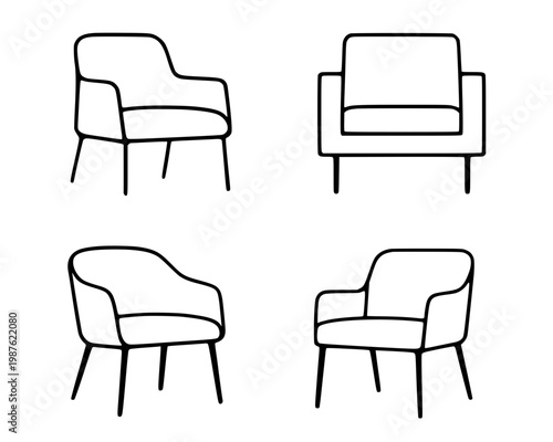 Armchair illustration icon set, with outline design, isolated on transparent background