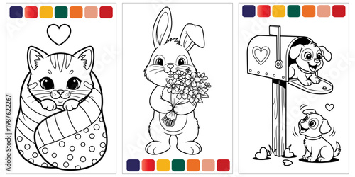 Cute Pet Coloring Page Set Kitten Bunny And Puppy With Love Gift And Mailbox Cartoon Outline Illustration