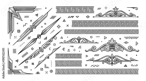 Vintage Decorative Ornaments Set with Greek Meander Borders, Flourish Dividers and Geometric Corner Elements