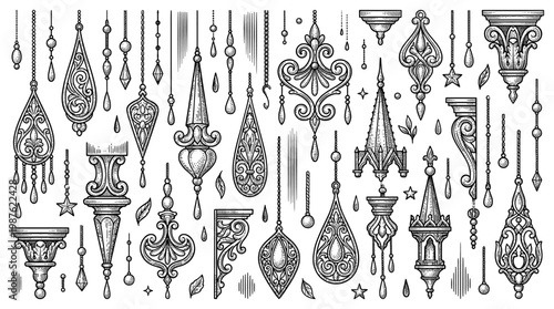 Collection of Vintage Architectural Ornaments and Decorative Pendant Vector Illustrations