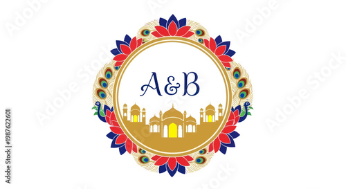 Indian Wedding Invitation Emblem with Taj Mahal Silhouette and Peacock Feathers