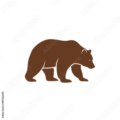 Simple brown bear silhouette icon walking peacefully, representing wild nature and animal strength in a minimalist vector graphic, ideal for various design projects
