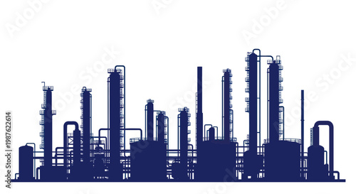 Industrial Refinery Silhouette, Chemical Plant Towers, Petrochemical Complex, Blue on White