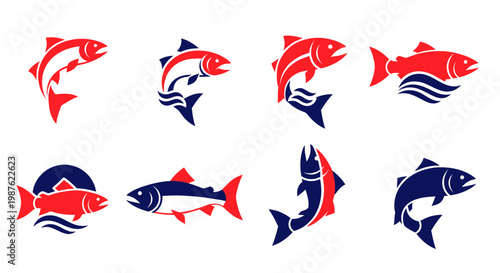 Set of stylized fish icons, red and blue colors, vector graphics