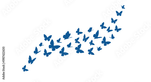 Swarm of Blue Butterflies Flying in Formation on White Background