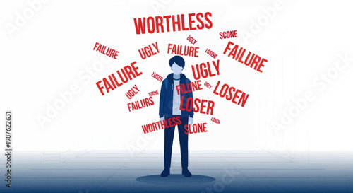 Teenager surrounded by negative self-talk words like failure, worthless, loser