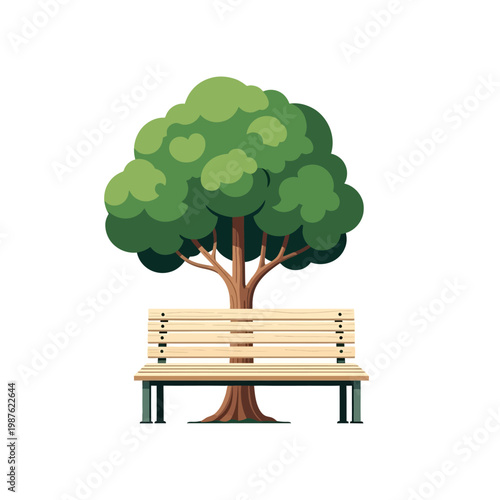 A serene park bench under the shade of a lush, green tree, inviting a moment of peaceful rest amidst nature