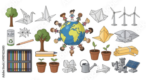 Illustrated Earth Day scene showing children surrounding the globe, with windmills, trees, and seedlings in pots, conveying an educational theme with origami and recycling symbols