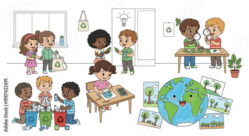 A group of diverse children participate in Earth Day education, sorting recyclables and examining plants with magnifying glasses in a brightly illustrated classroom against a clean white