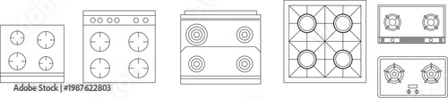 Technical line drawings of various kitchen stovetops and cooktops featuring gas burners, electric coils, and different burner configurations in plan view.