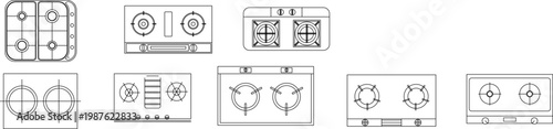 Technical line drawings of various kitchen stovetops and cooktops featuring gas burners, electric coils, and different control configurations in blueprint style.