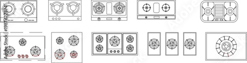 Technical line drawings of various kitchen stovetops and cooktops featuring gas burners, electric coils, grills, and control knobs in top-down plan view.