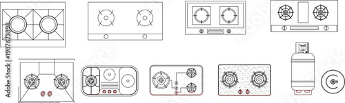 Technical line drawings of various kitchen gas stovetops, cooktops, and a propane tank, featuring different burner configurations, grills, and control knobs.