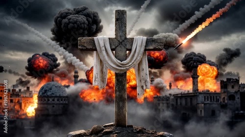 Christian cross standing amid war destruction, fiery explosions, missile strikes, and ruins of a city, symbolizing faith under siege in apocalyptic conflict in Middle East