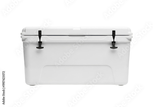 A premium white roto-molded cooler chest with black latches isolated on a transparent studio background. Concept for commercial product advertising