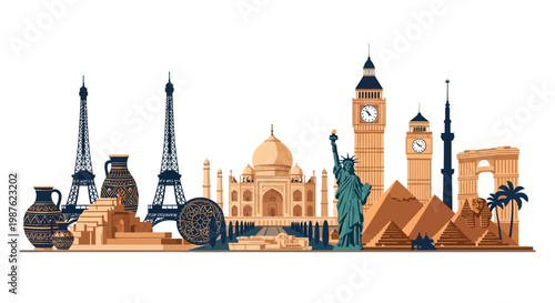 For World Heritage Day, a flat vector illustration showcases famous landmarks—the Eiffel Tower, Big Ben, the Taj Mahal, the Statue of Liberty, and the Pyramids—against a clean white