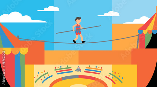 Man walking on tightrope with pole.