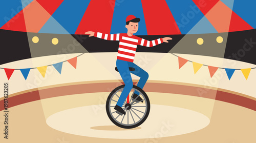 Man Riding Unicycle in Circus Tent.