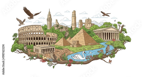 Celebrating World Heritage Day, a detailed illustration showcases iconic landmarks from around the world, including the Colosseum and pyramids, rendered in a whimsical style against a clean