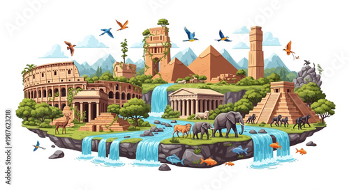 A vibrant, illustrative scene celebrates World Heritage Day, showcasing iconic landmarks such as the Colosseum and pyramids on a floating island with cascading waterfalls, set