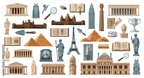 A detailed flat lay illustration commemorates World Heritage Day, showcasing famous landmarks like the Eiffel Tower and Great Pyramid of Giza, rendered in a vintage style with a warm color