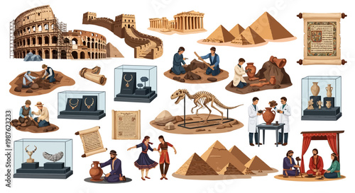 A diverse collection of World Heritage Day icons showcases people exploring historical sites like the Great Wall, the Colosseum, and the Pyramids, presented in a detailed, colorful