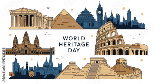A flat lay illustration commemorates World Heritage Day, showcasing global landmarks like the Parthenon, pyramids, Colosseum, and Mayan temple against a clean white background, rendered