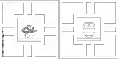 Technical line drawings of two decorative panels featuring classical vases inside geometric frames with rectangular block patterns suitable for laser cutting.