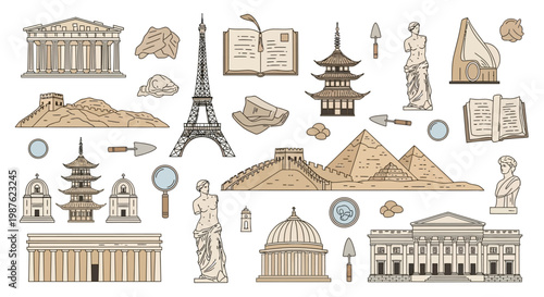 Celebrating World Heritage Day, a flat lay illustration showcases famous landmarks like the Eiffel Tower and Great Wall of China alongside open books and sculptures, rendered in a vintage