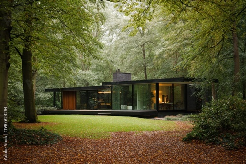 A contemporary house nestled within a lush green forest, encircled by towering trees and adorned with a carpet of fallen leaves that herald the beauty of autumn in a serene rural landscape