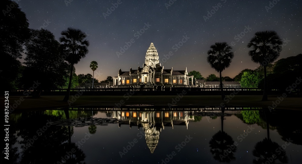 Obraz premium Nighttime view of illuminated temple with reflection in water, Angkor Wat style architecture under starry sky