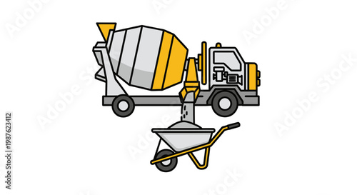 Concrete Mixer Truck Pouring Cement into Wheelbarrow, Construction Vehicle Illustration