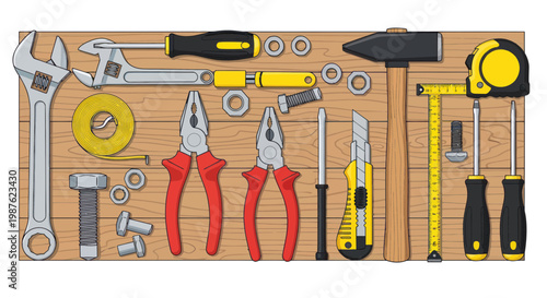 DIY Tools Collection on Wooden Table Background