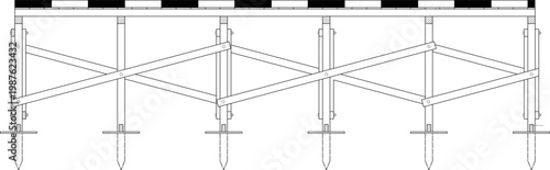 Technical engineering drawing of a timber shoring system for trench support, featuring vertical piles, horizontal walers, and diagonal cross-bracing with a scale bar.