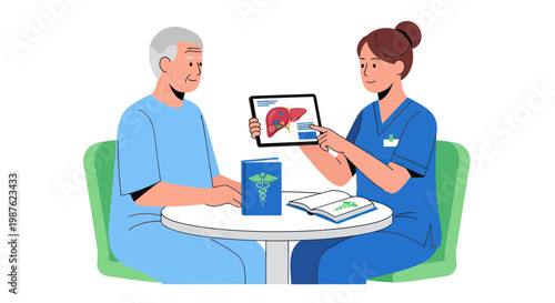 Doctor showing liver scan on tablet to elderly patient, medical consultation
