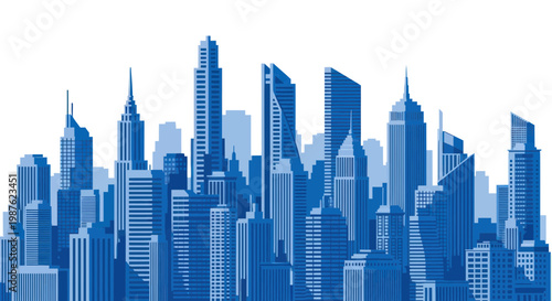 Modern Blue City Skyline Silhouette with Tall Skyscrapers