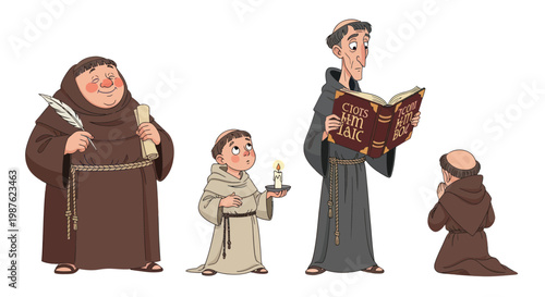 Monastic Life: Monks in Various Activities - Reading, Writing, Praying, Candlelight