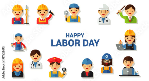 Happy Labor Day celebration with diverse professionals expressing joy in a colorful design