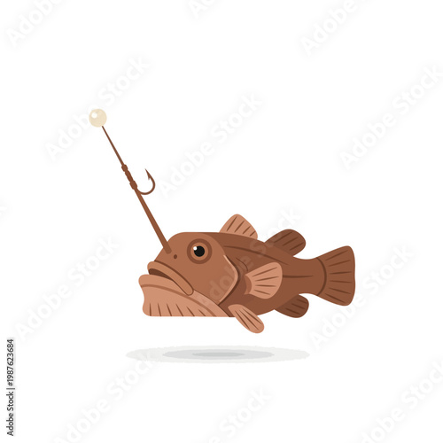A charming and detailed cartoon anglerfish illustration with its iconic bioluminescent lure, a playful deep-sea predator depicted as a graphic element or mascot