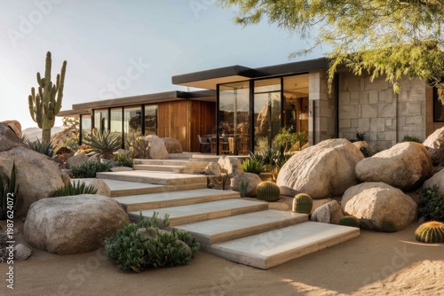 Modern house sits among rocks and plants in a desert landscape with clear sky and warm sunlight during afternoon hours ideal for outdoor living