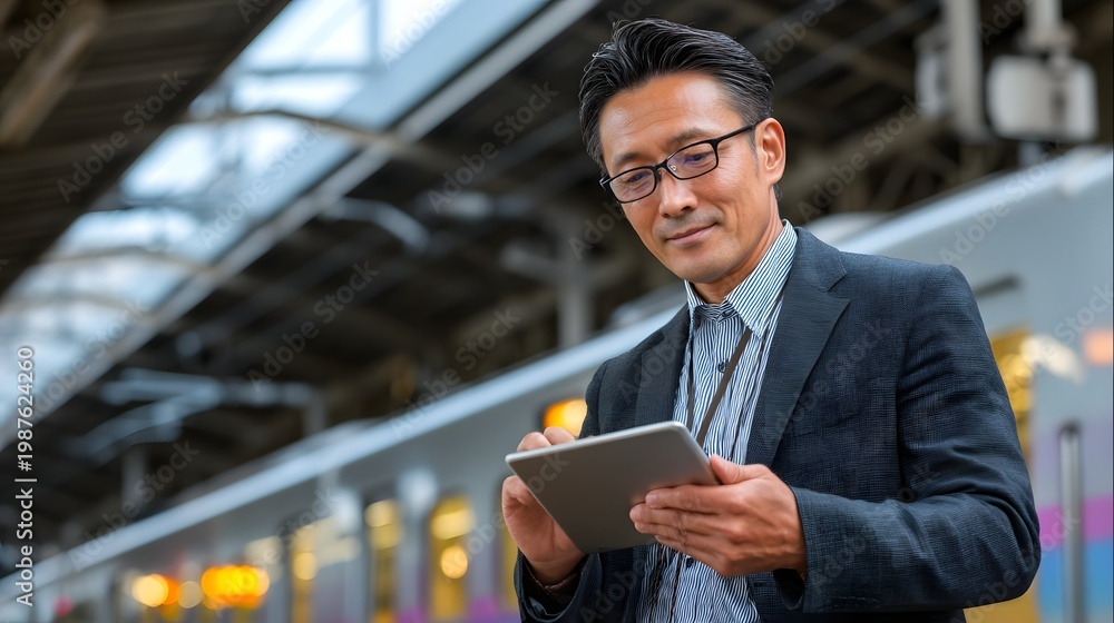 Fototapeta premium Businessman using tablet near train station