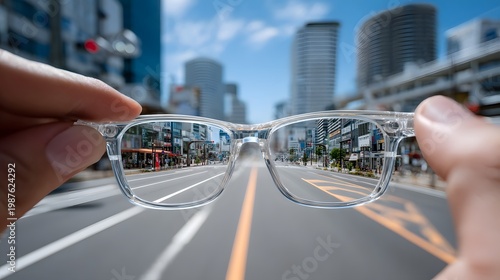 Cityscape viewed through AR enabled smart glasses for travel guidance
