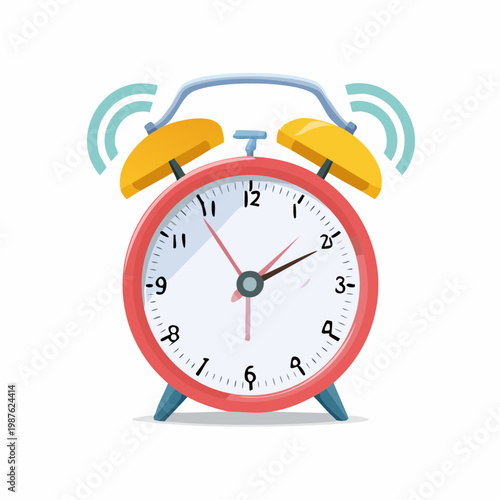 Classic red alarm clock ringing loudly, ready to wake up in the morning.