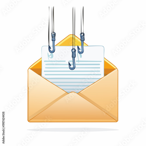 Email phishing scam concept. Envelope with document and fish hooks, a warning