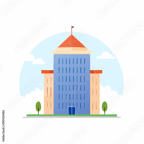 Cartoon illustration of a tall building with a flag on top against a cloudy sky